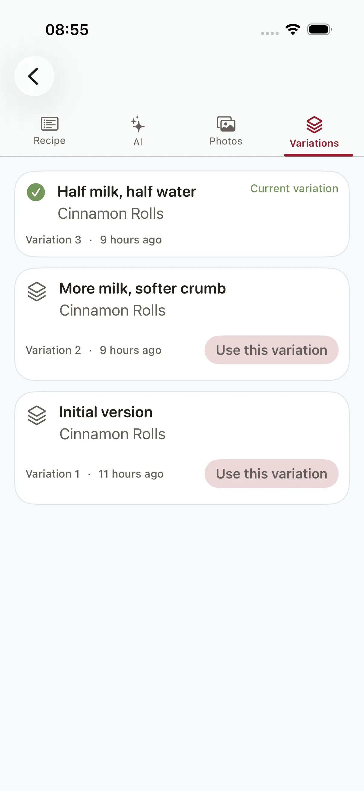 Named Cinnamon Rolls variations saved in Baker